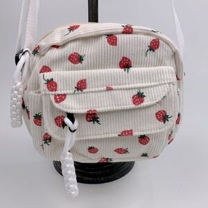 Strawberry Print Cream Corduroy Crossbody Bag Zip pockets Adjustable strap NWOT